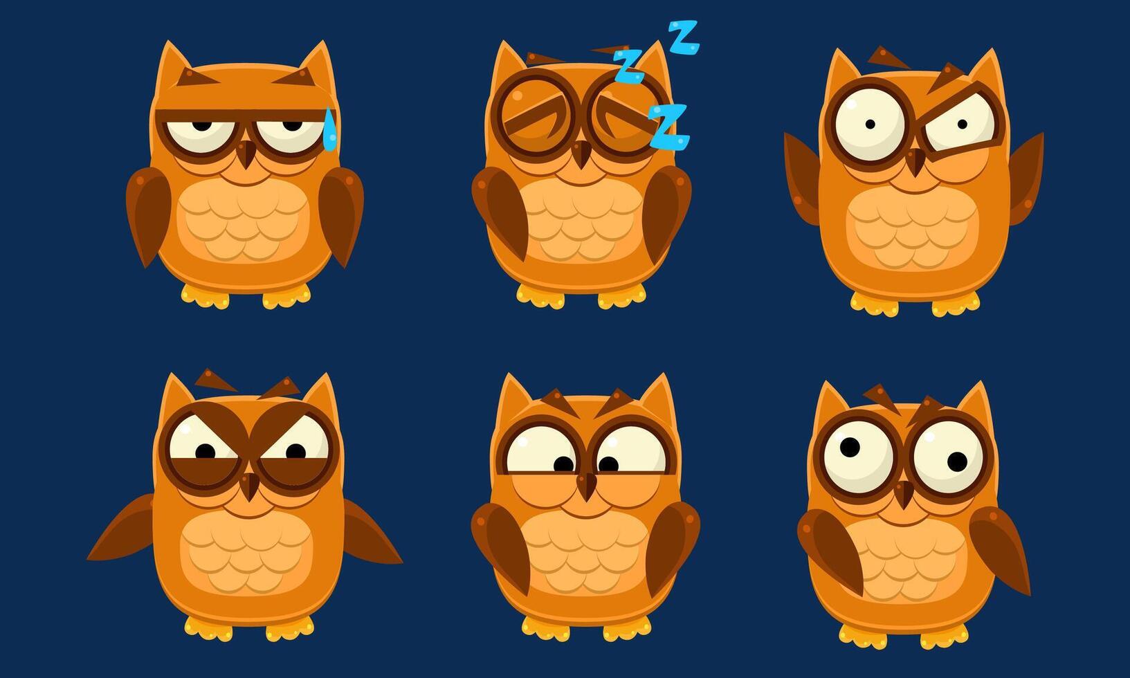 Funny Owls Characters Set, Cute Birds with Various Emotions Illustration vector