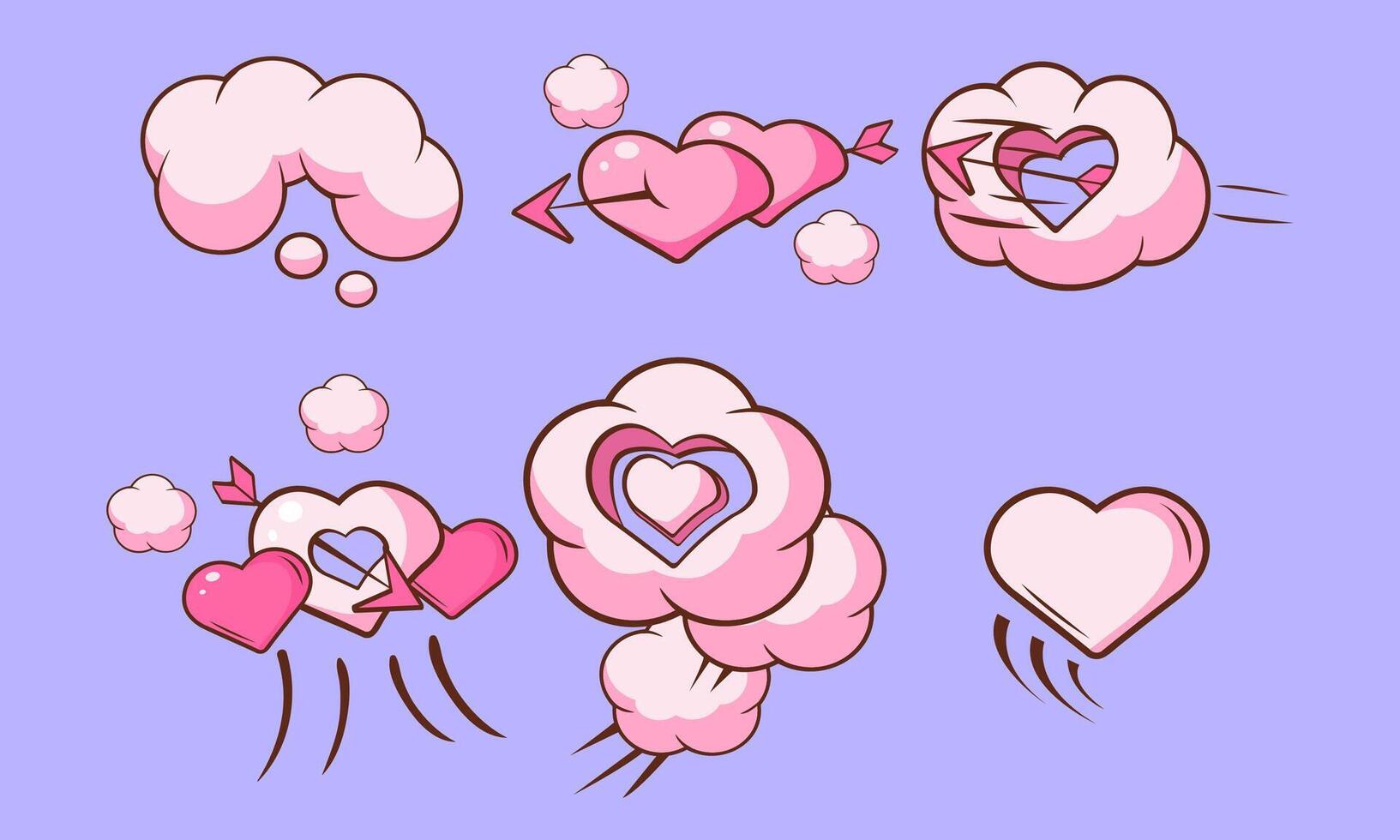 Pink Clouds and Hearts with Arrow Set, Saint Valentines Day Design Elements, Cute Romantic Stickers Illustration vector
