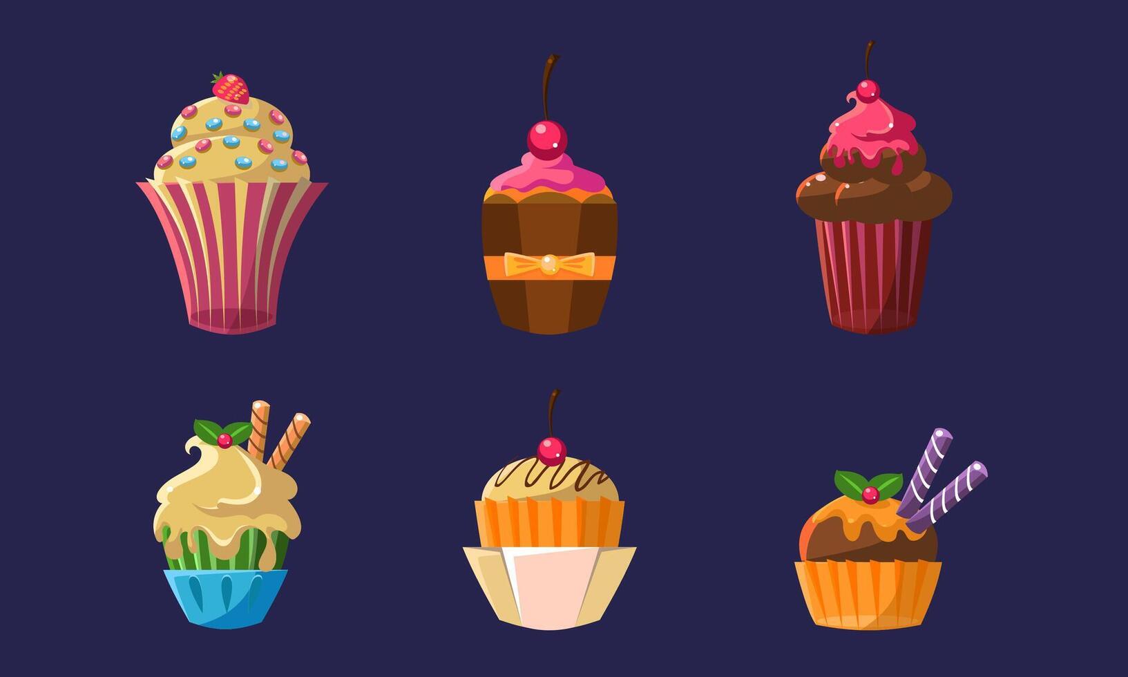 Colorful Delicious Cupcakes Set, Bright Sweets with Different Ingredients Illustration vector