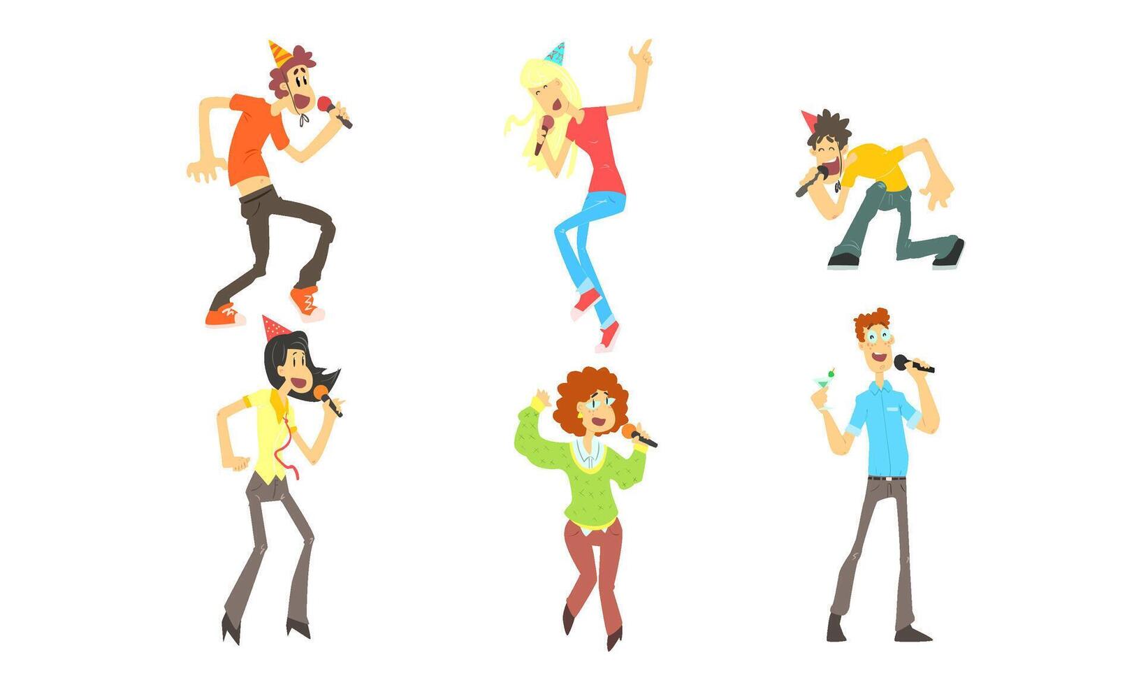Cute Funny People Emotionally Singing with Microphone, Man and Woman Singing Karaoke at Party Illustration vector