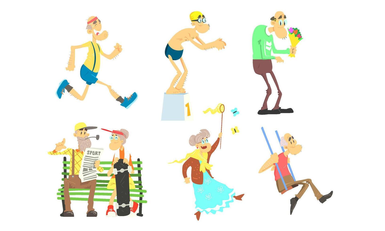 Funny Elderly People Performing Different Activities Set, Senior Men and Women Doing Sports, Walking, Having Fun Illustration vector