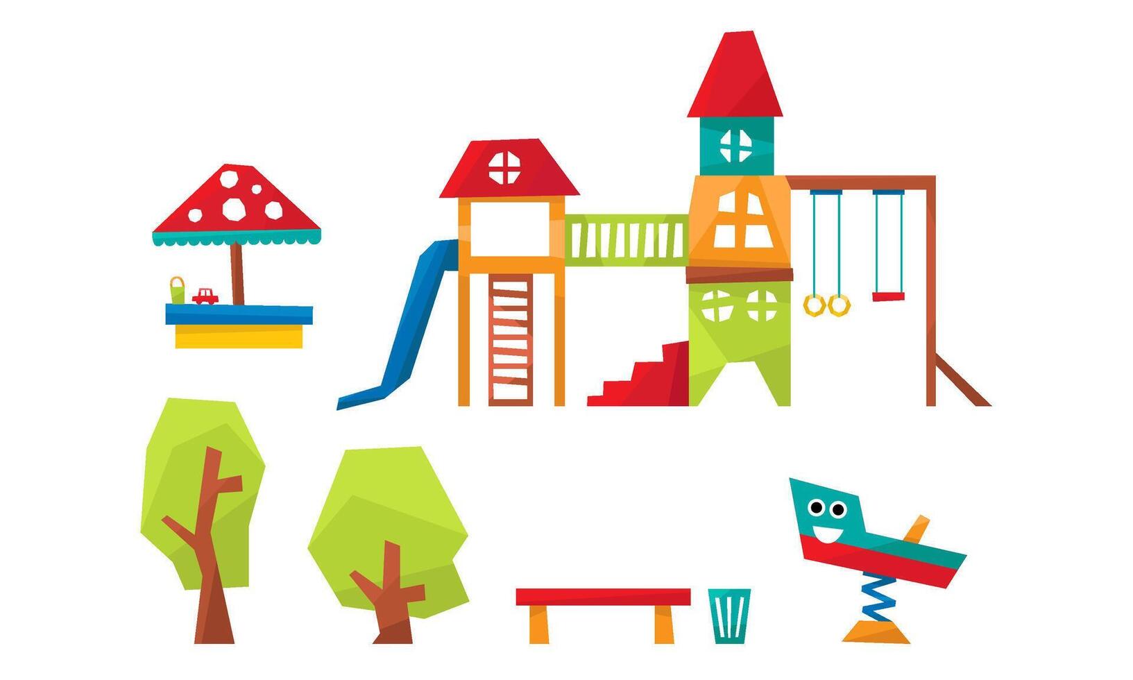 Kids Playground Elements Set, Sport and Recreation Ground Equipment, Slide, Ladder, Swing, Sandpit, Trees, Bench Illustration vector