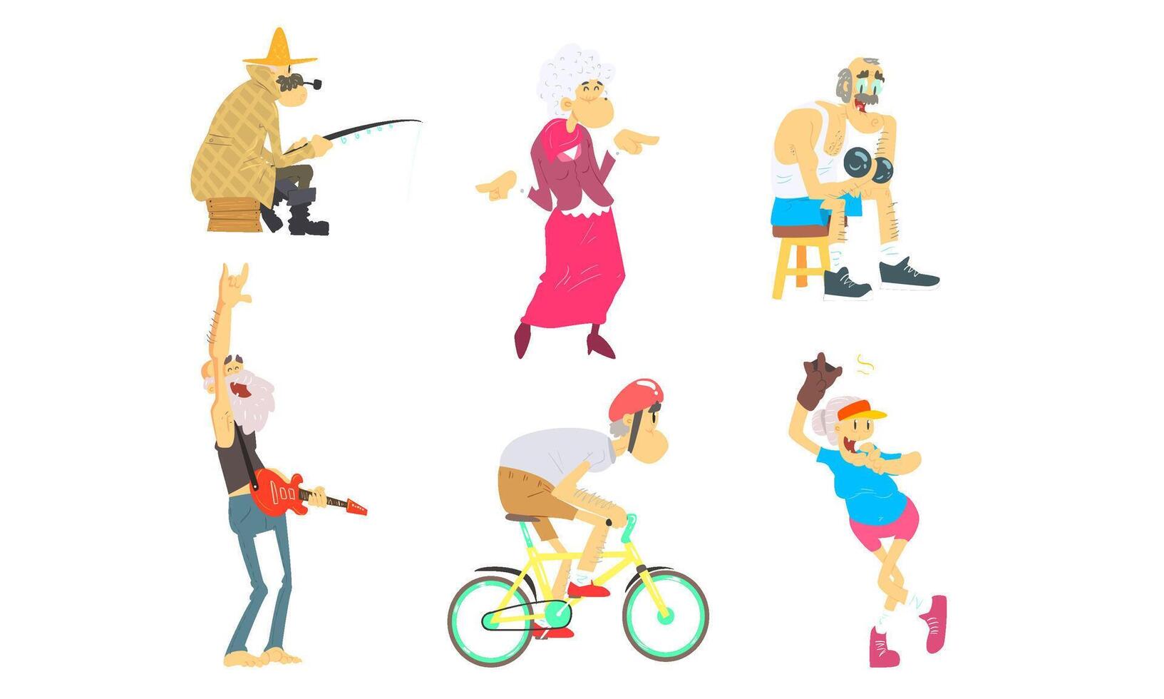 Funny Elderly People Performing Different Activities Set, Senior Men and Women Doing Sports, Cycling, Playing Musical Instruments, Having Fun Illustration vector