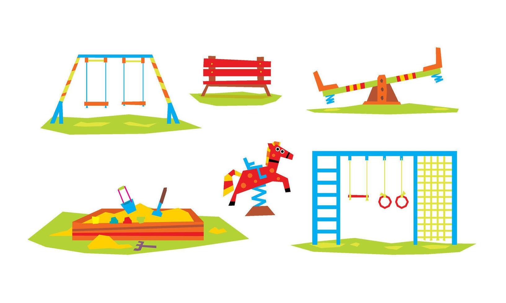 Kids Playground Elements Set, Sport and Recreation Ground Equipment, Slide, Ladder, Swing, Seesaw, Sandpit, Bench Illustration vector