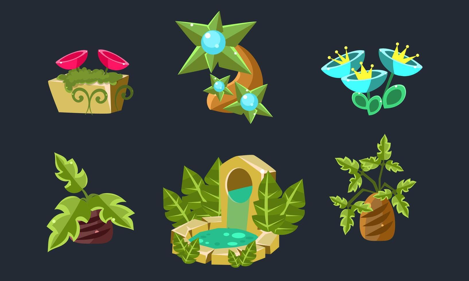 Fantasy Landscape Elements Set, Fantastic Trees, Plants and Flowers, User Interface Assets for Mobile App or Game Illustration vector