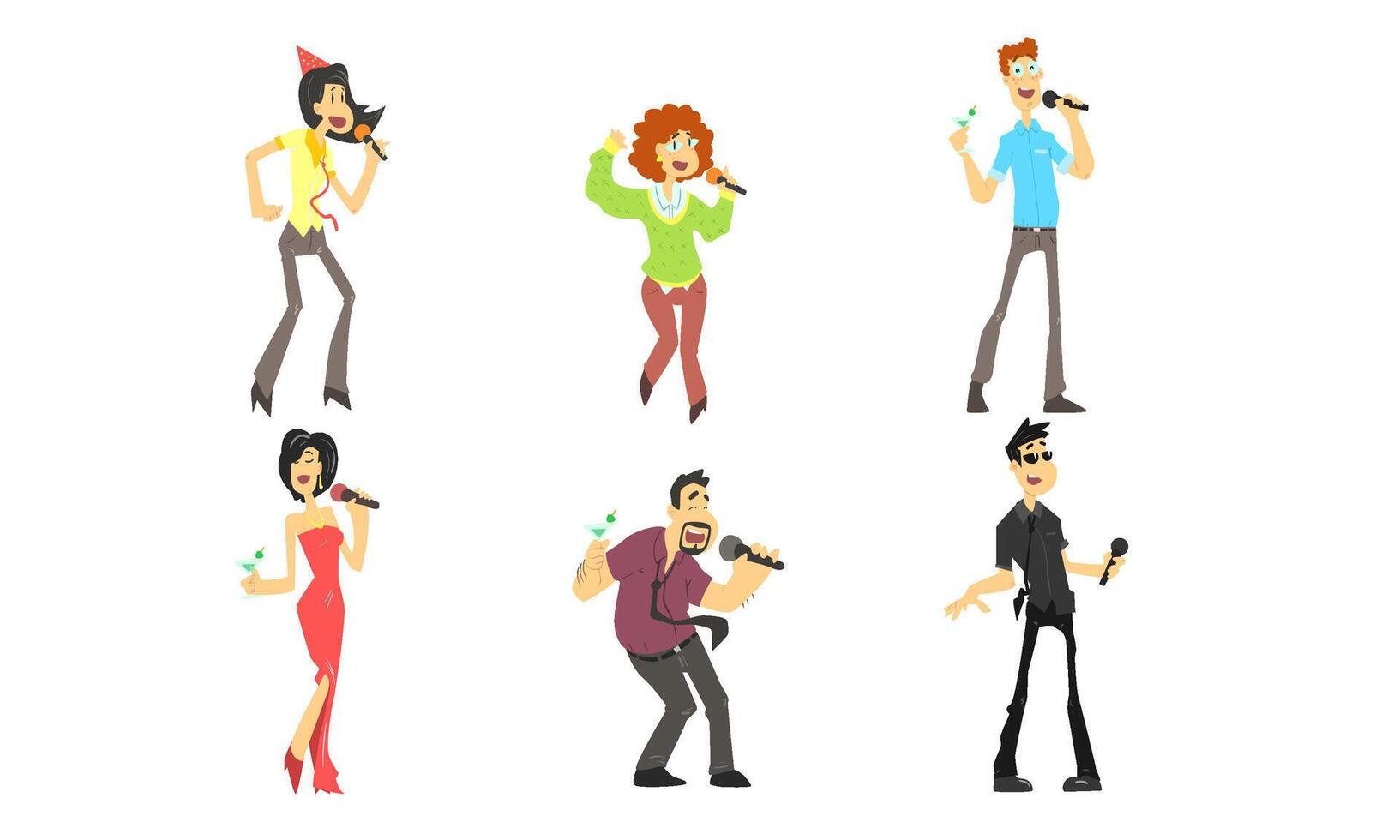 Funny People Emotionally Singing with Microphone, Man and Woman Singing Karaoke at Party Illustration vector