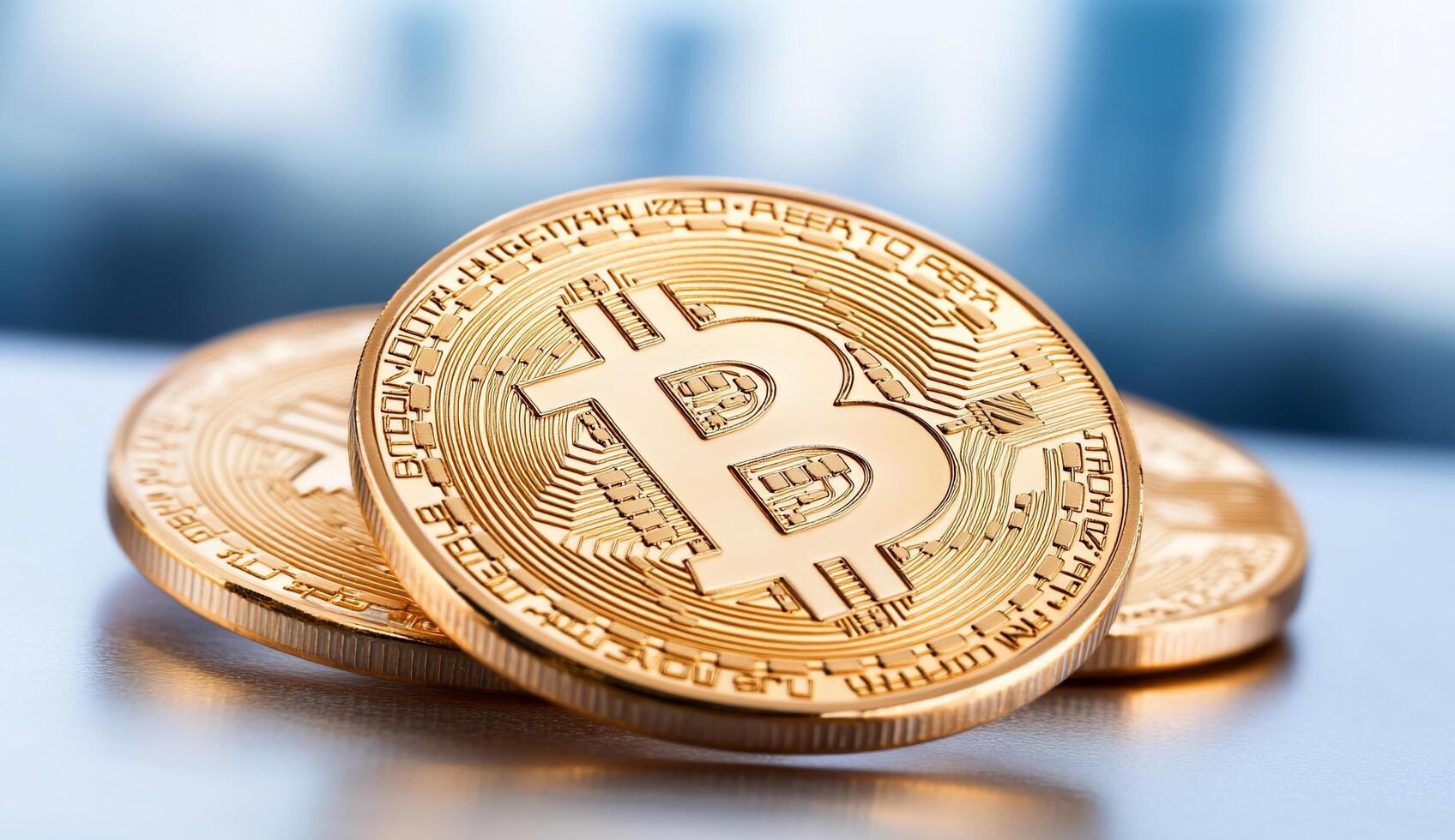 Three golden Bitcoin coins stacked on a reflective surface. photo