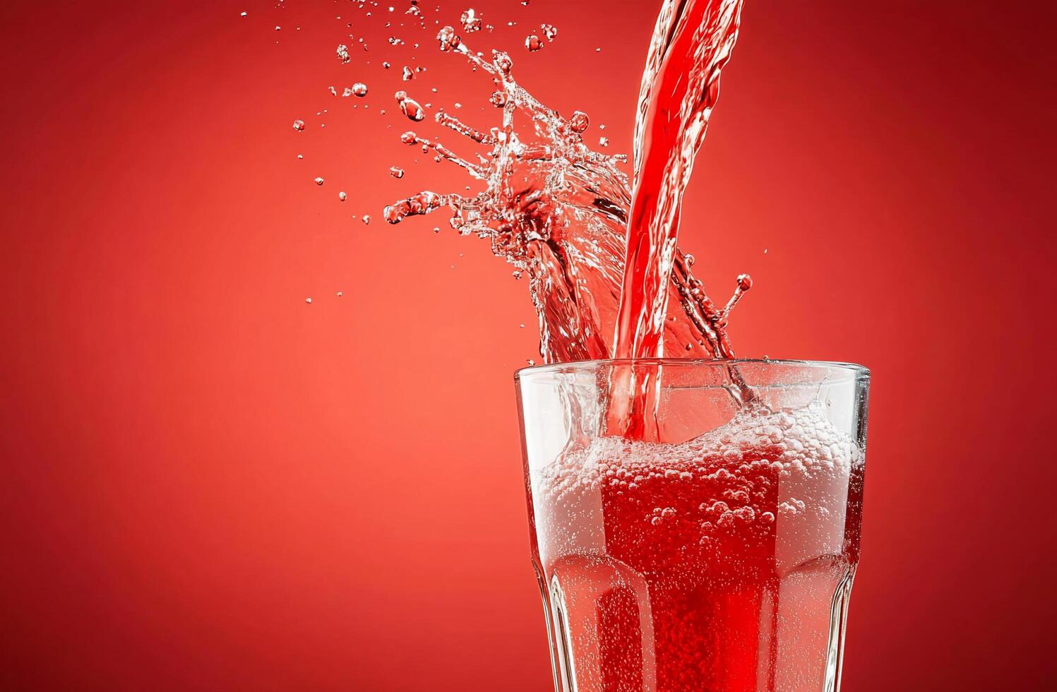 A glass filled with a fizzy red drink splashing against a red backdrop. photo