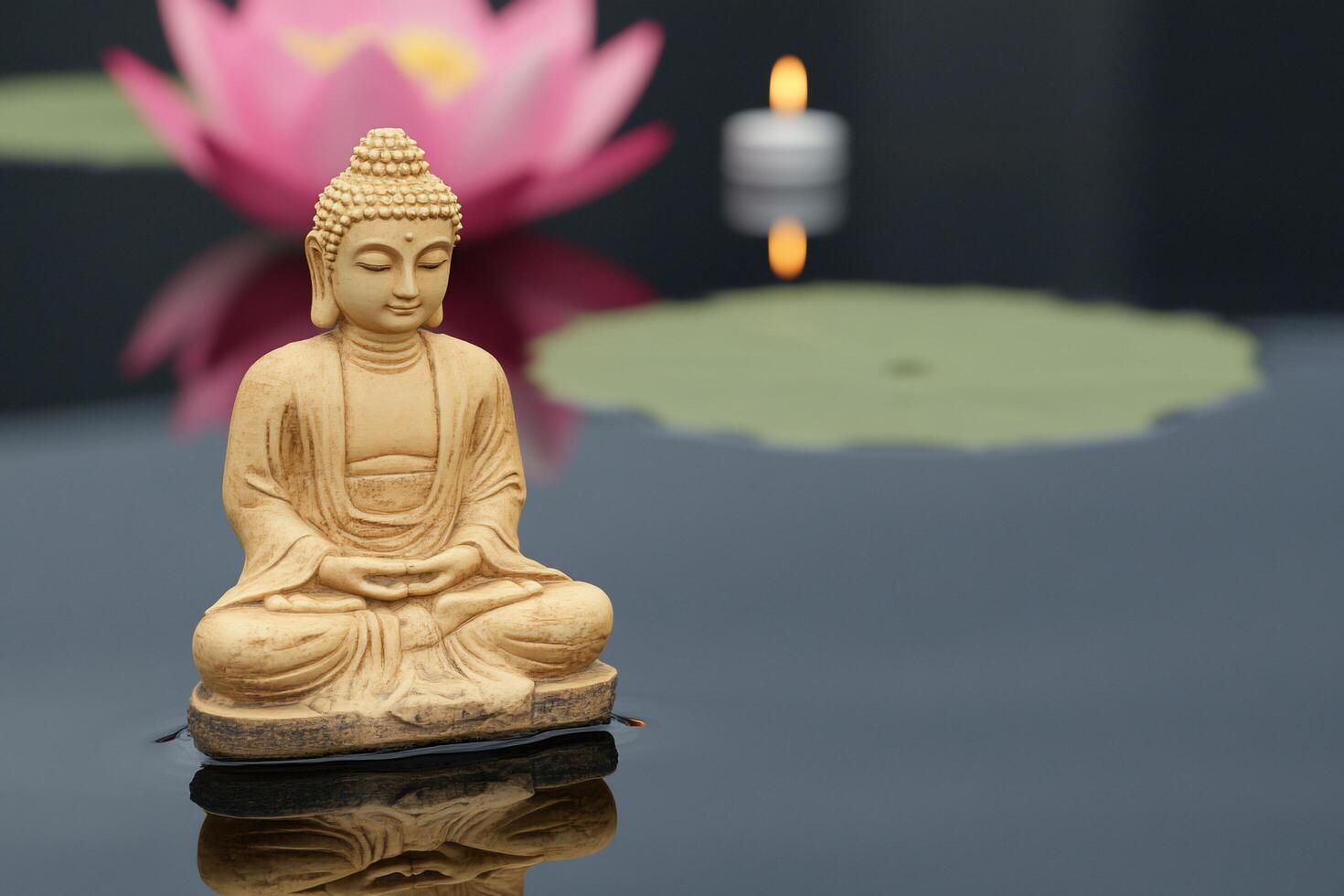 A serene Buddha statue on water with a lotus and candle. photo