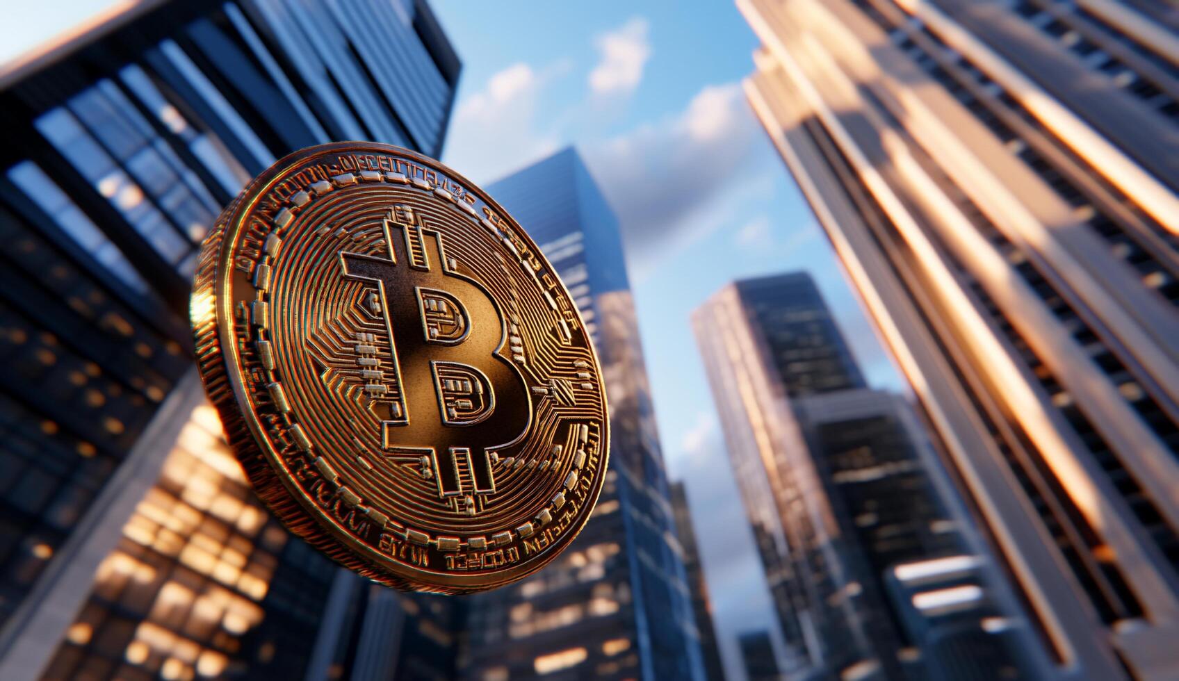 A floating Bitcoin in a modern cityscape, symbolizing digital currency. photo