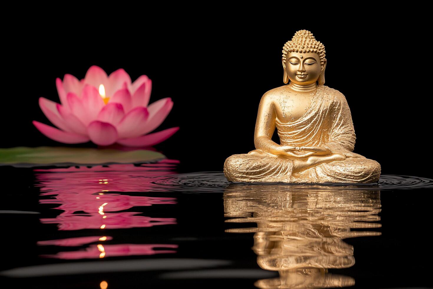 A serene Buddha statue beside a pink lotus flower and candlelight. photo