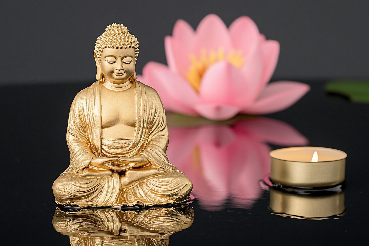 A serene Buddha statue with a lotus flower and candle, symbolizing peace. photo