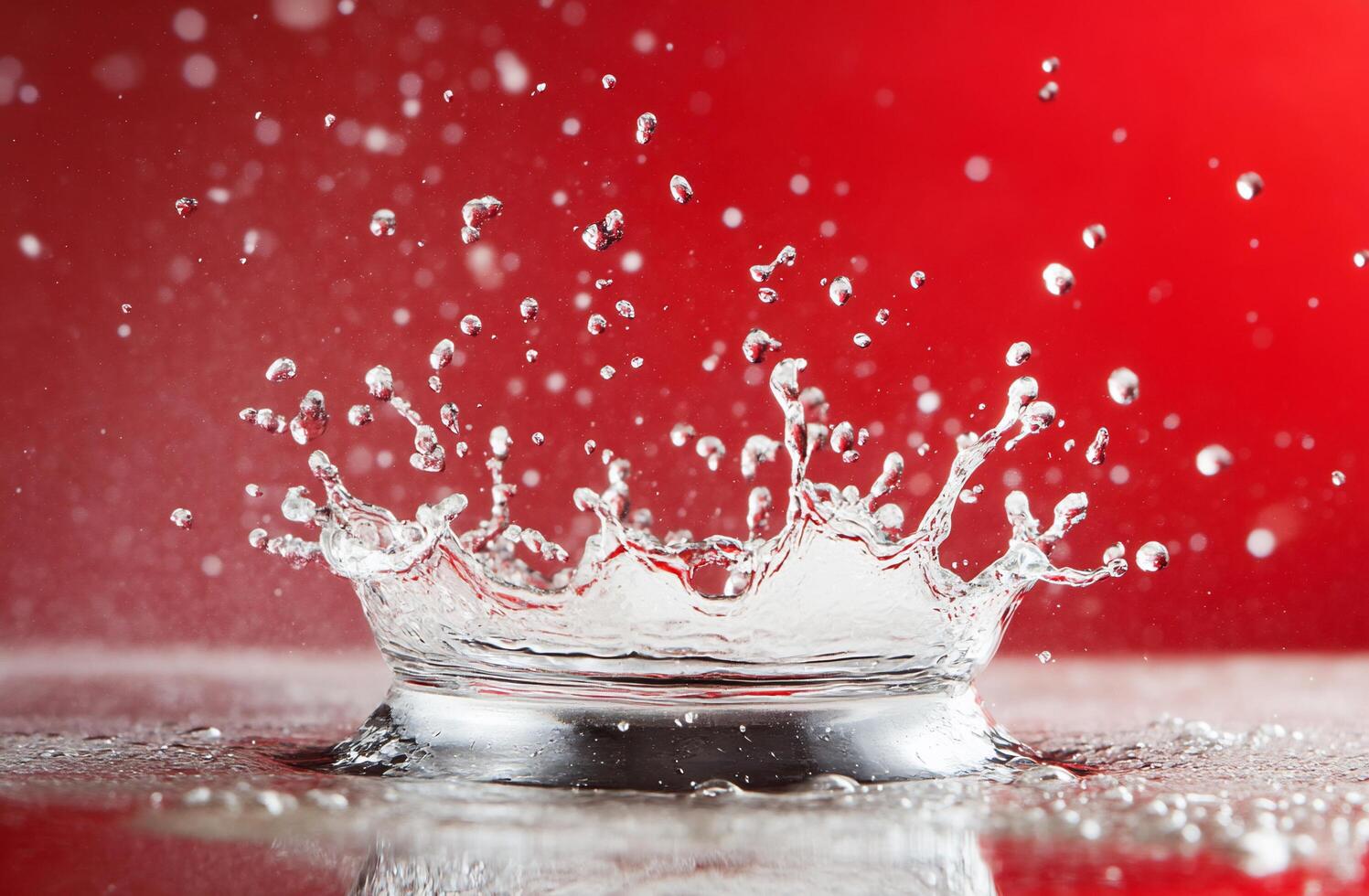 A splash of water creating droplets against a vibrant red background. photo