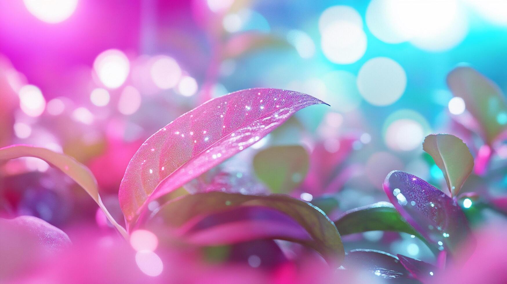 A close-up of vibrant, dew-covered leaves with colorful bokeh background. photo