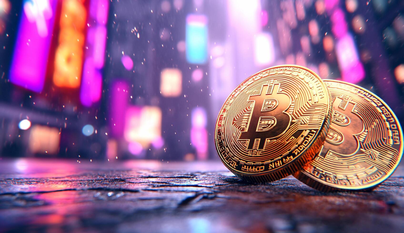 Two Bitcoin coins on a wet surface in a vibrant urban setting. photo