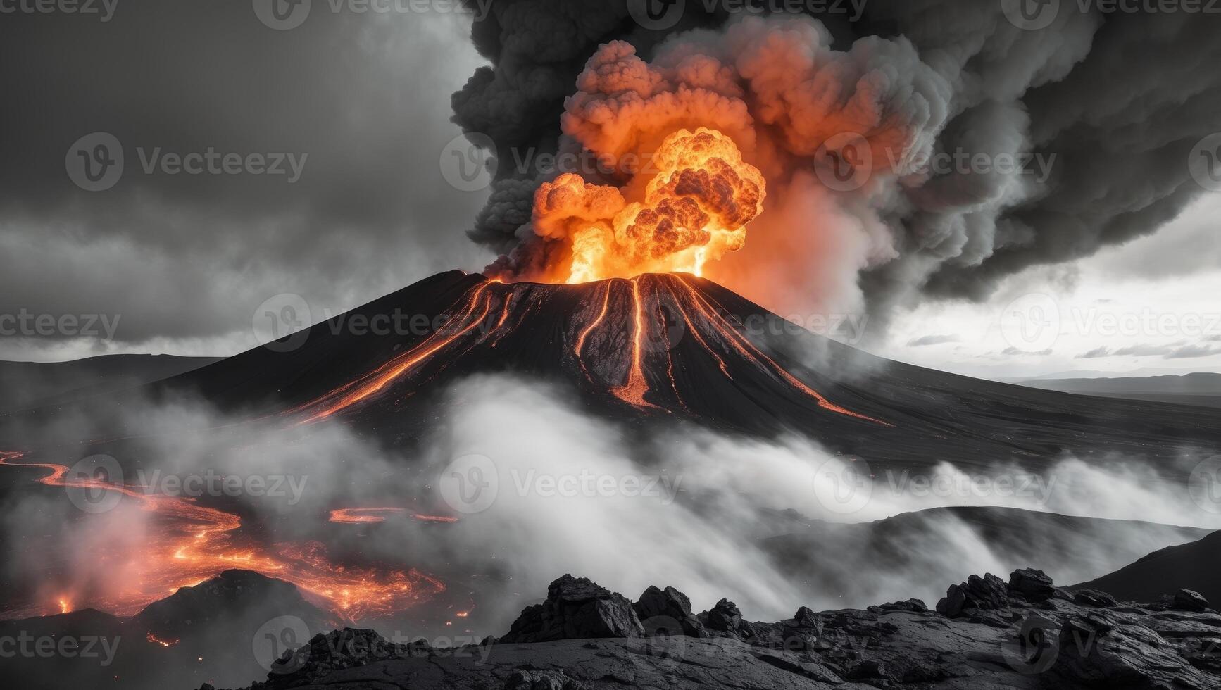 Spectacular volcanic eruption with intense fire and smoke in fiery display.Spectacular volcanic eruption with intense fire and smoke in fiery display. photo