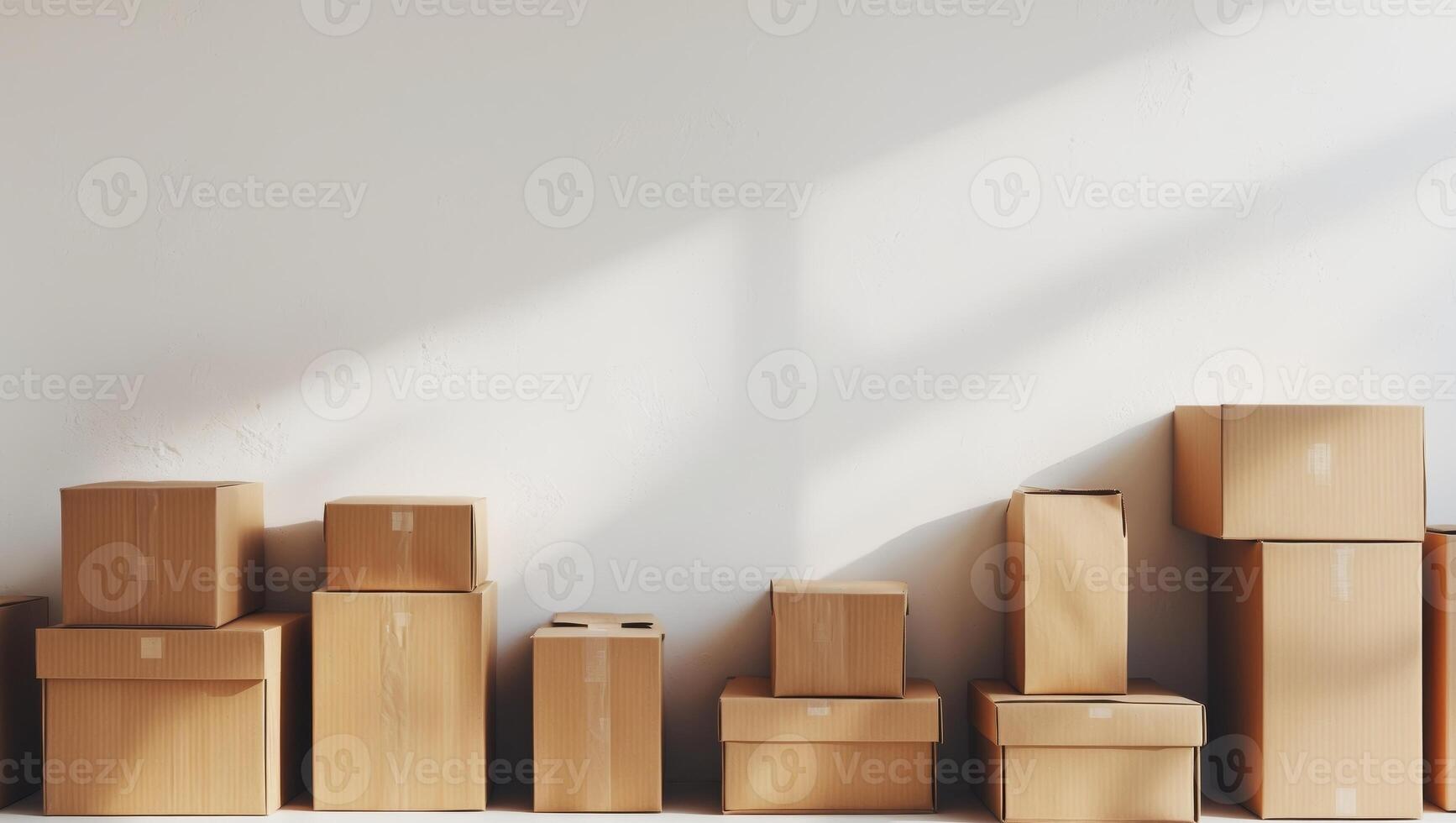 Stacked cardboard boxes in various sizes and orientations photo