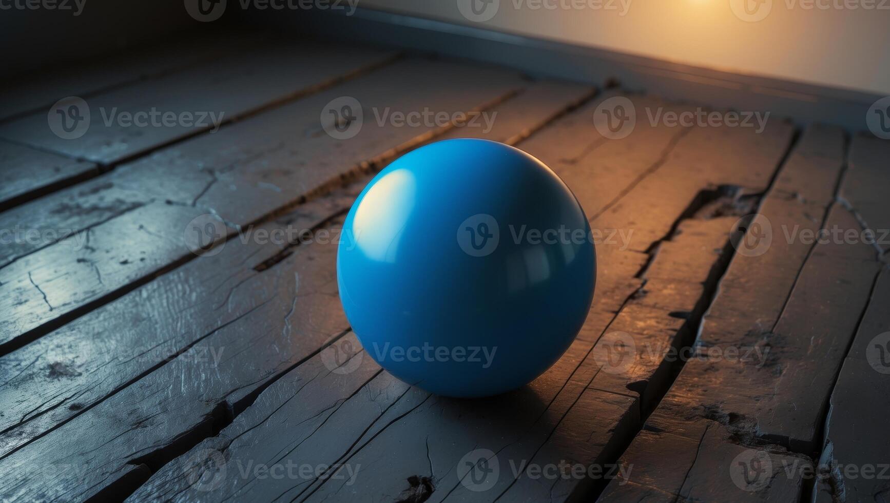 Vibrant blue ball resting on rustic wooden floor in dim light.Vibrant blue ball resting on rustic wooden floor in dim light. photo