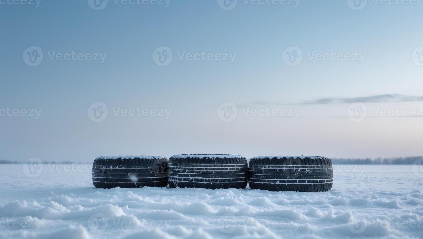 Winter tires on the snow in the field on sky background. photo