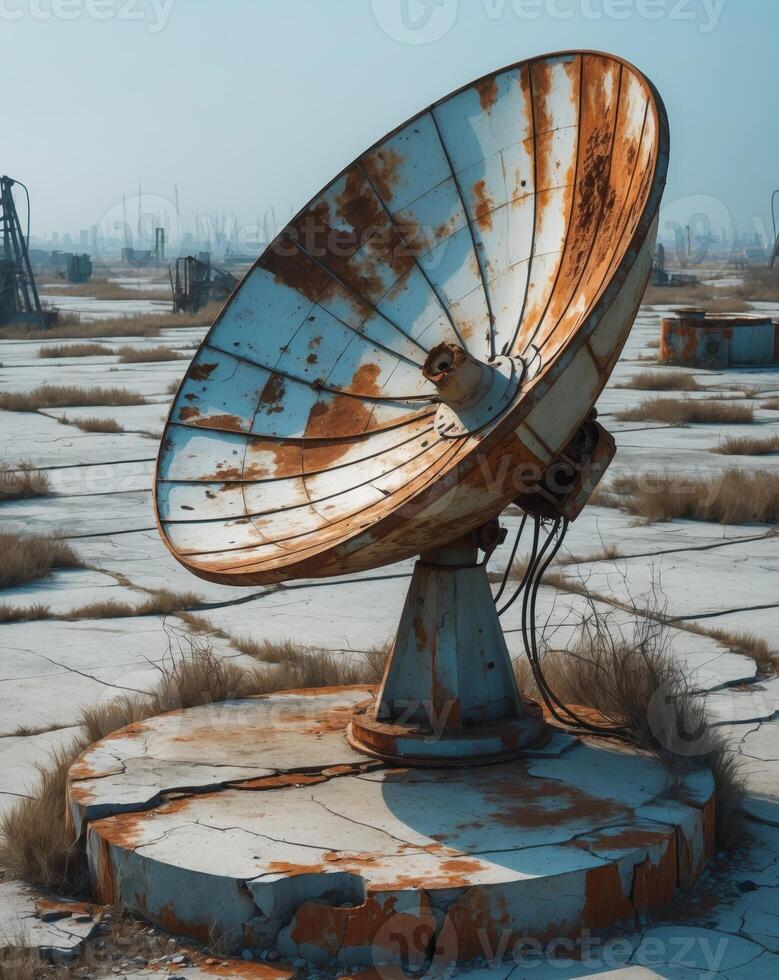 Large rusty satellite dish is standing on a concrete slab in an abandoned industrial wasteland photo