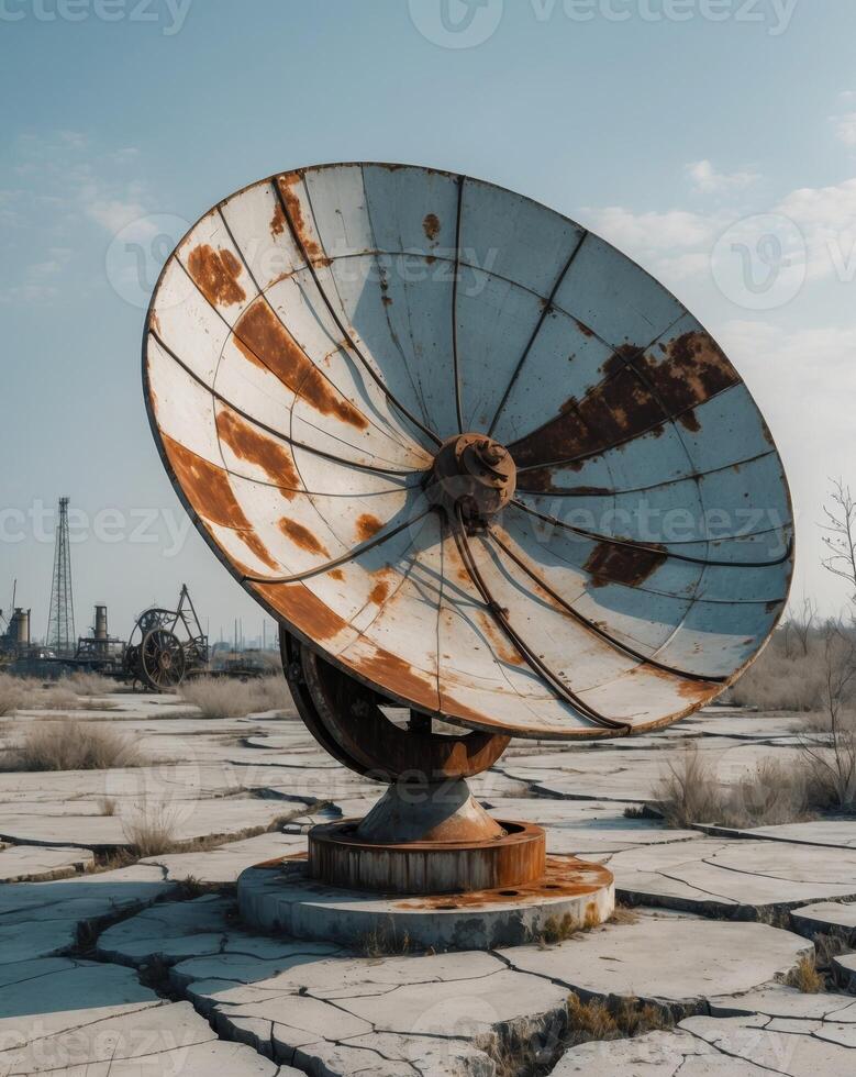 Large rusty satellite dish is standing on a concrete slab in an abandoned industrial wastelandLarge rusty satellite dish is standing on a concrete slab in an abandoned industrial wasteland. photo