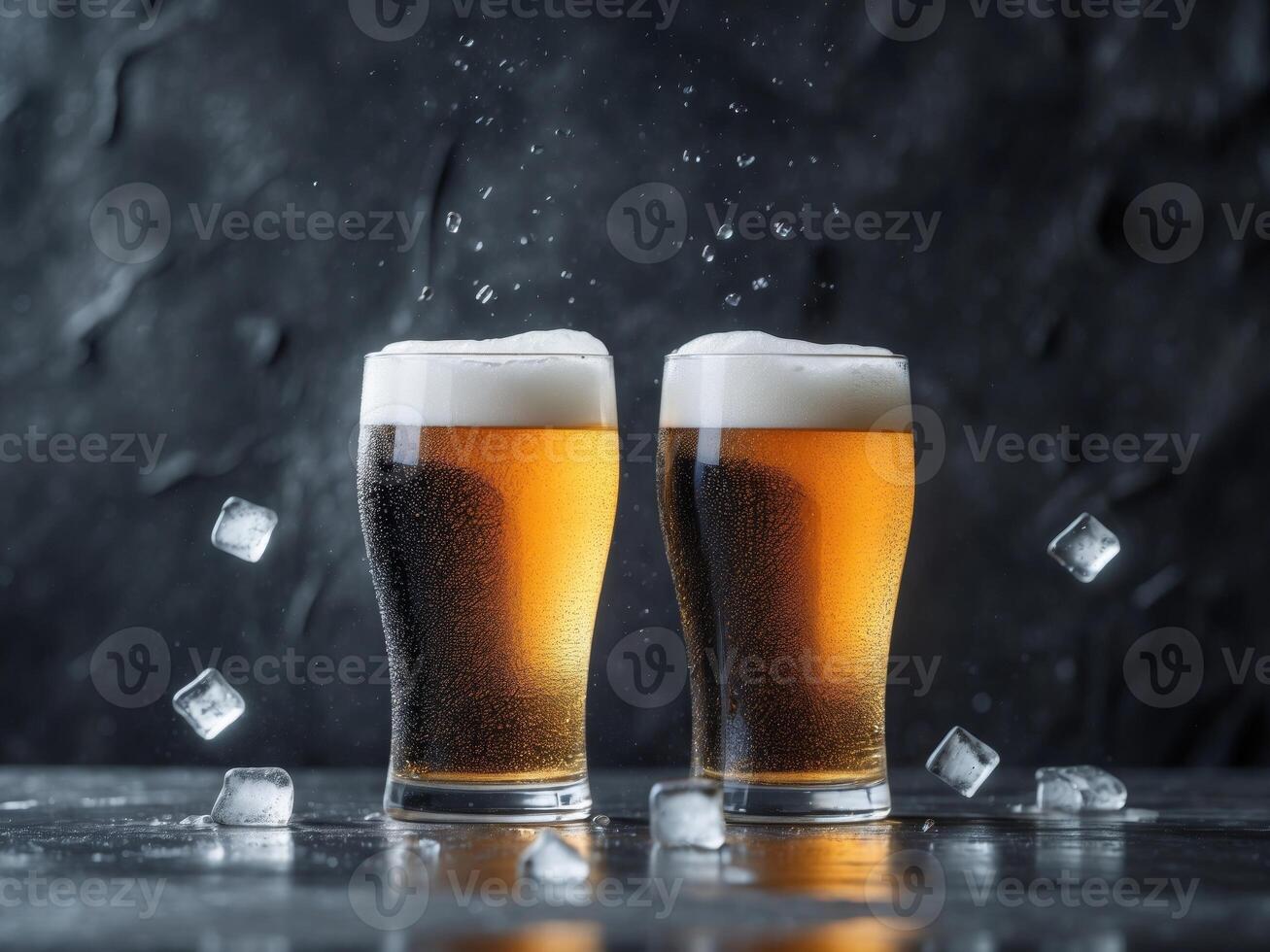 Two glasses of cold beer with ice cubes falling on dark background. photo