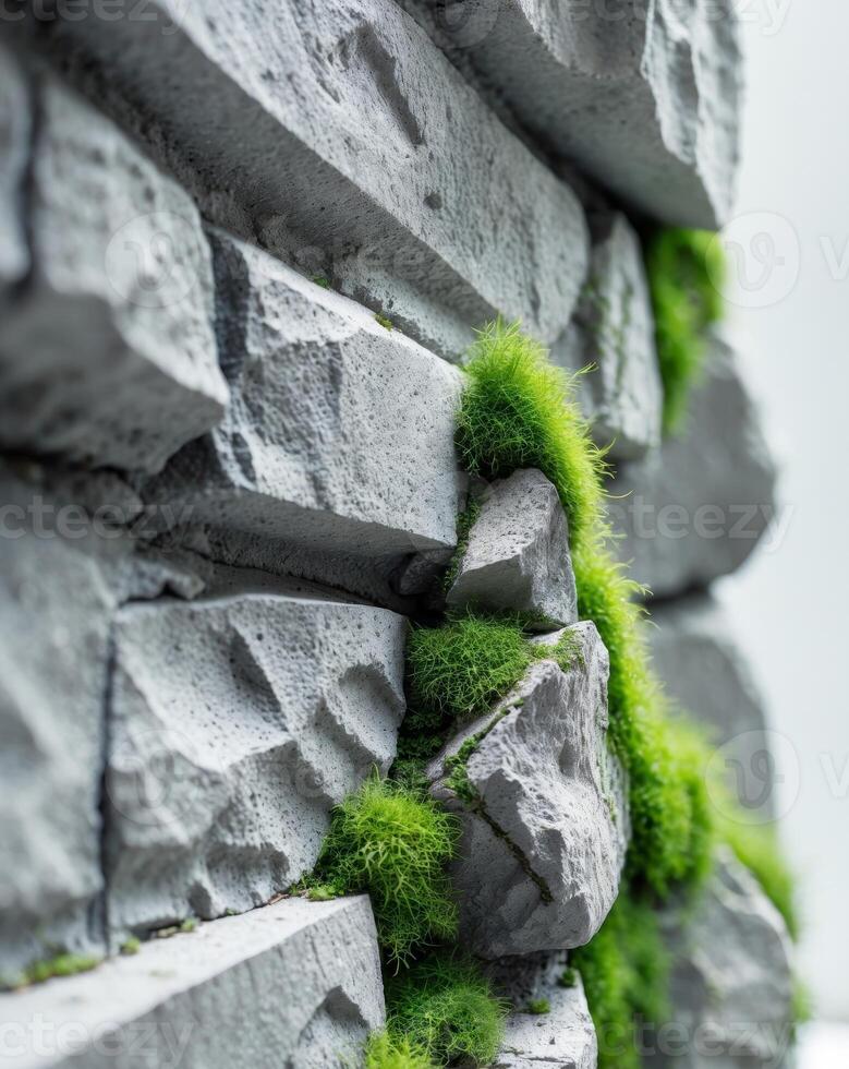 Close Up of Stone with Chisel Marks and Moss photo