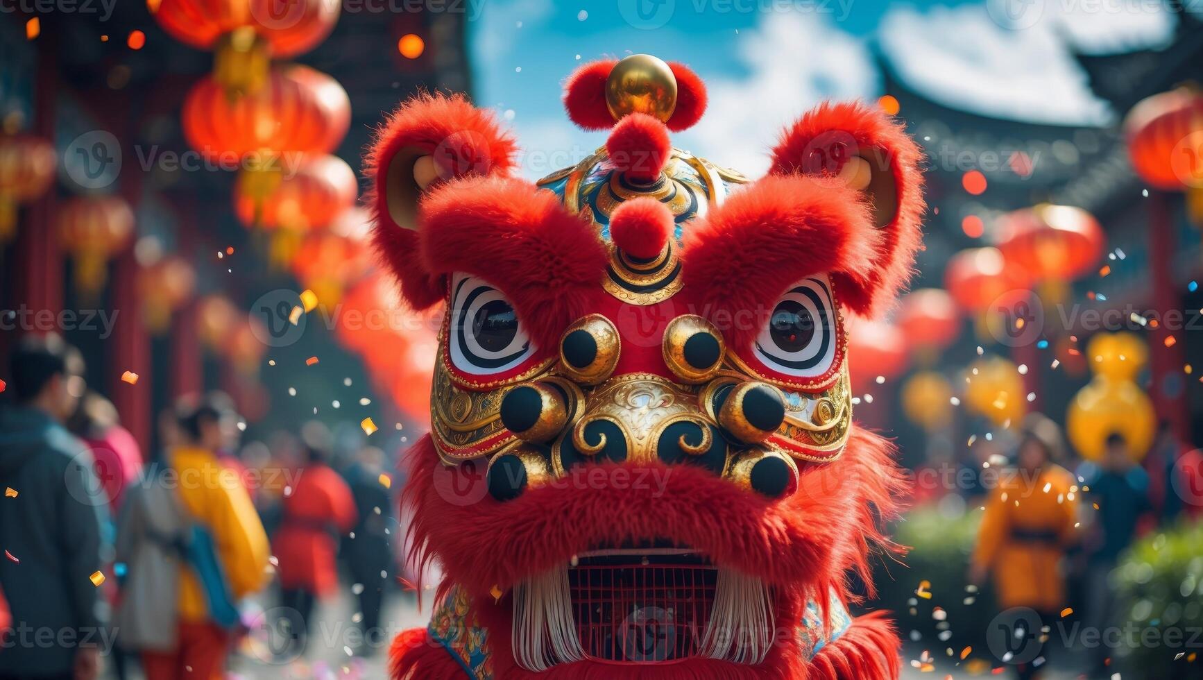 Captivating Traditional Lion Dance Costume in Vibrant Red Colors at a Cultural Celebration or Festival Scene photo