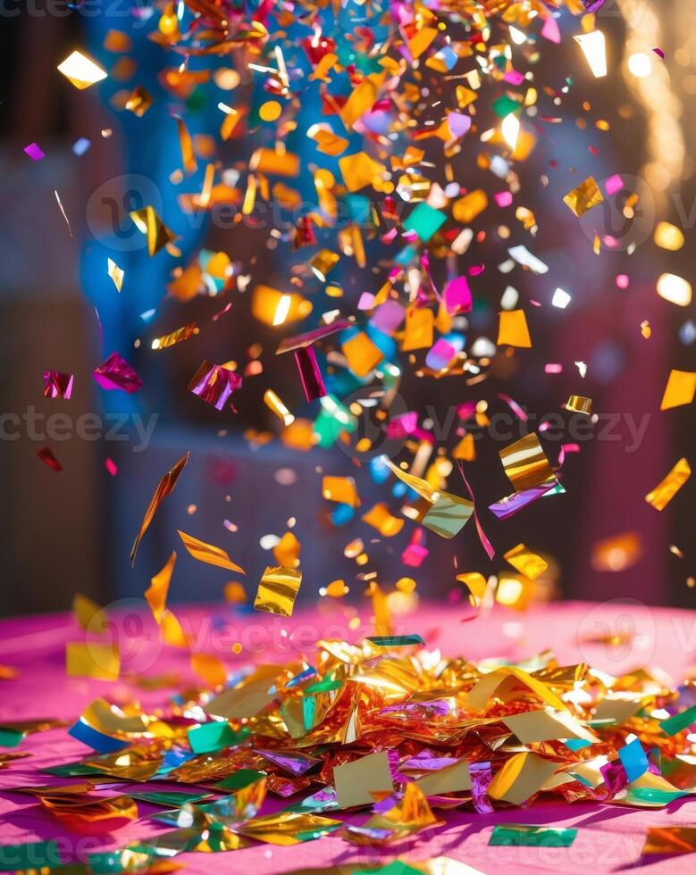 Colorful Confetti and Foil Shiny Pieces Scatter Over a Festive Table Surrounded by Blurred Celebratory Atmosphere with Warm Lighting. photo
