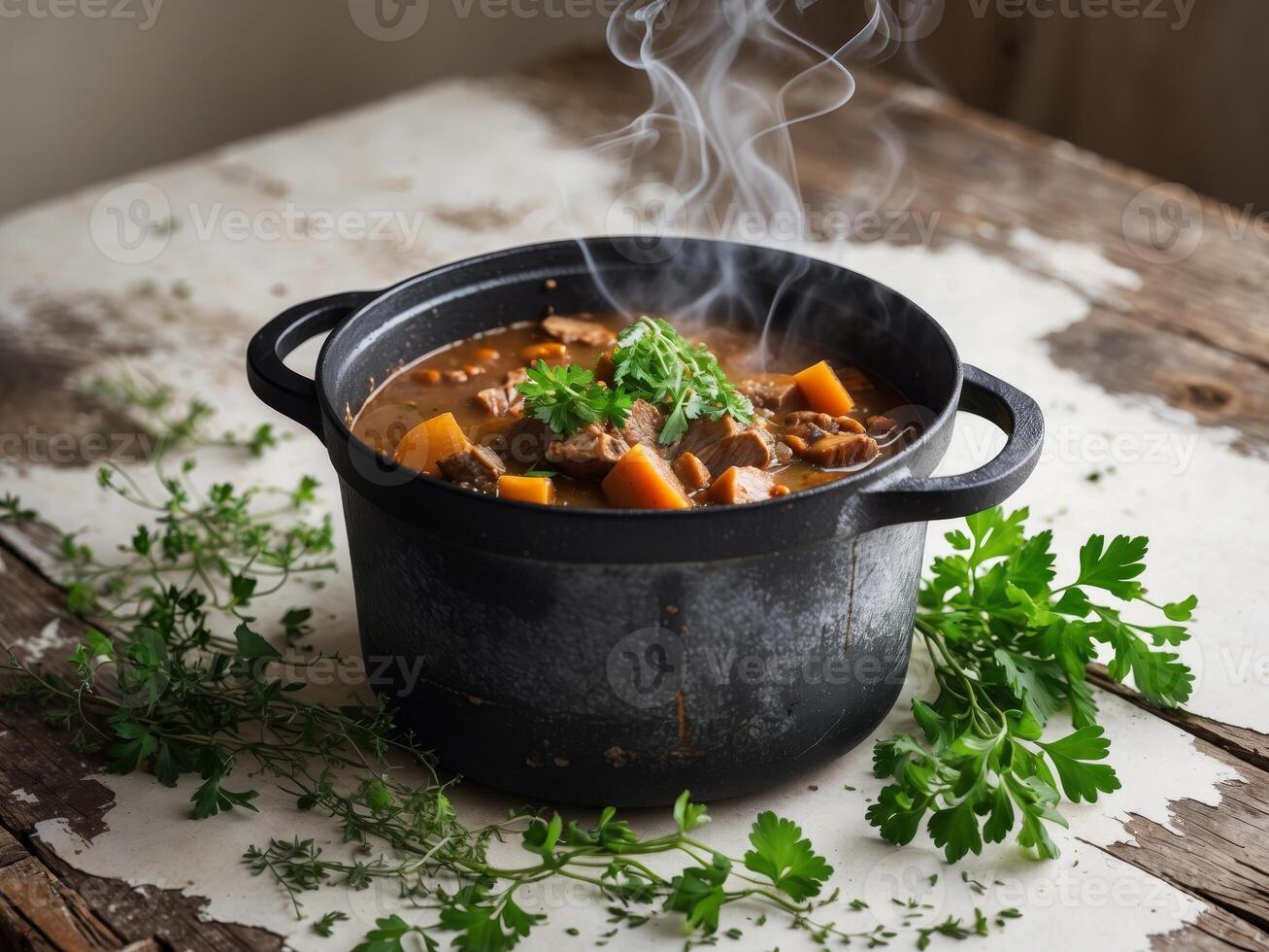 Delicious Traditional Stew in Rustic Black Pot on Wooden Table with Fresh Herbs and Steam photo
