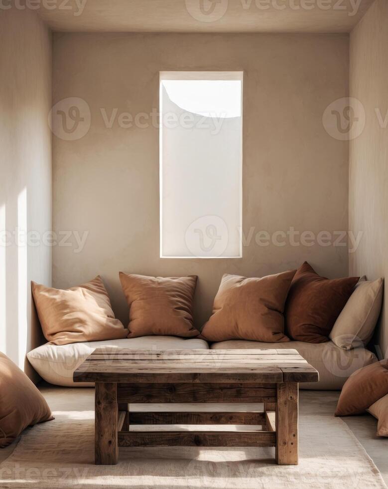 Cozy Rustic Corner with Wooden Coffee Table and Soft Pillows photo