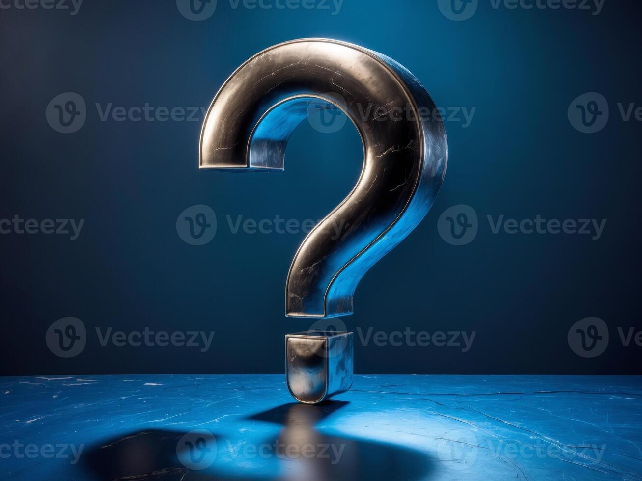 Metallic large question mark on blue textured surface with dramatic lighting and shadows. photo