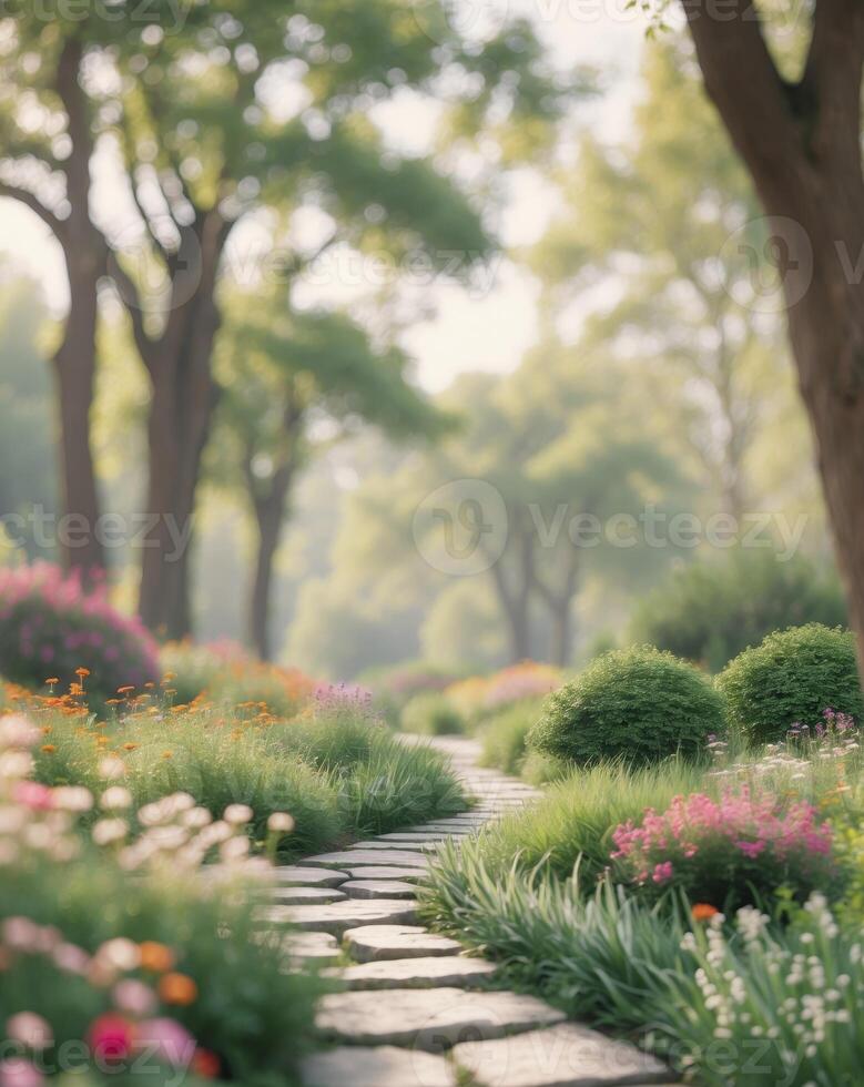 Garden path surrounded by trees and flowers in a peaceful park landscapeGarden path surrounded by trees and flowers in a peaceful park landscape. photo