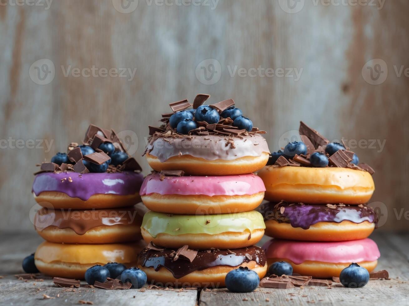 Colorful donuts stacked with chocolate and blueberries on wooden background photo