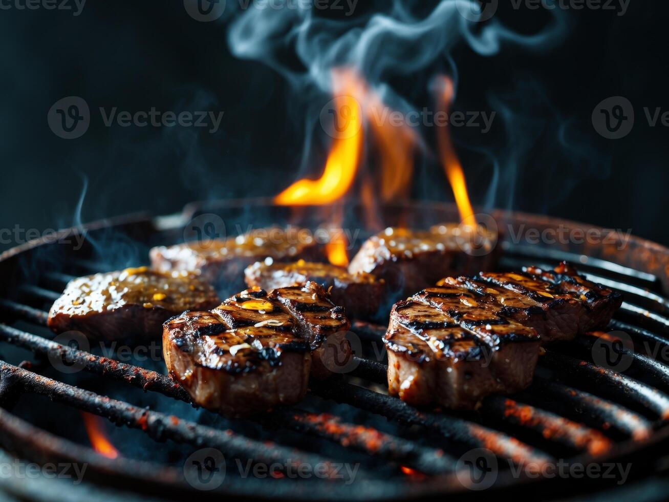 Grilled Meat Pieces on Barbecue Grill with Flames and Smoke in a Dark Background.Grilled Meat Pieces on Barbecue Grill with Flames and Smoke in a Dark Background. photo