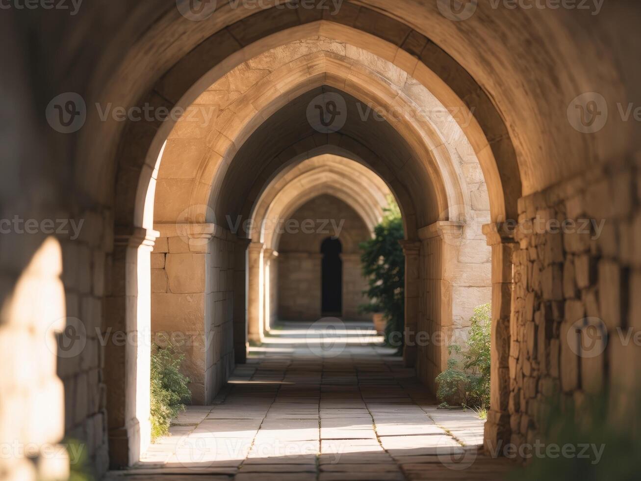 Historic Stone Archway Corridor with Natural LightHistoric Stone Archway Corridor with Natural Light. photo