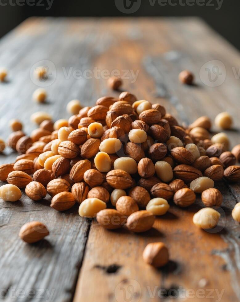 Pile of Roasted Macadamia Nuts on a Wooden Table. photo
