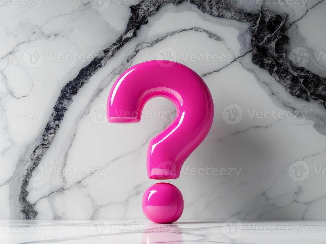 Glossy pink large question mark on a marble texture background photo