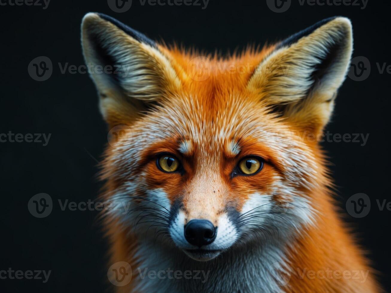 Dramatic close up shot of an orange fox with intense dark background lightingDramatic close up shot of an orange fox with intense dark background lighting. photo
