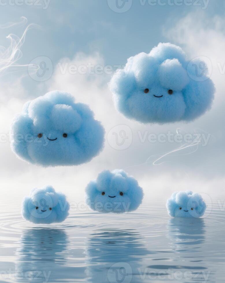 Fluffy blue cloud creatures floating on water under a cloudy sky. photo