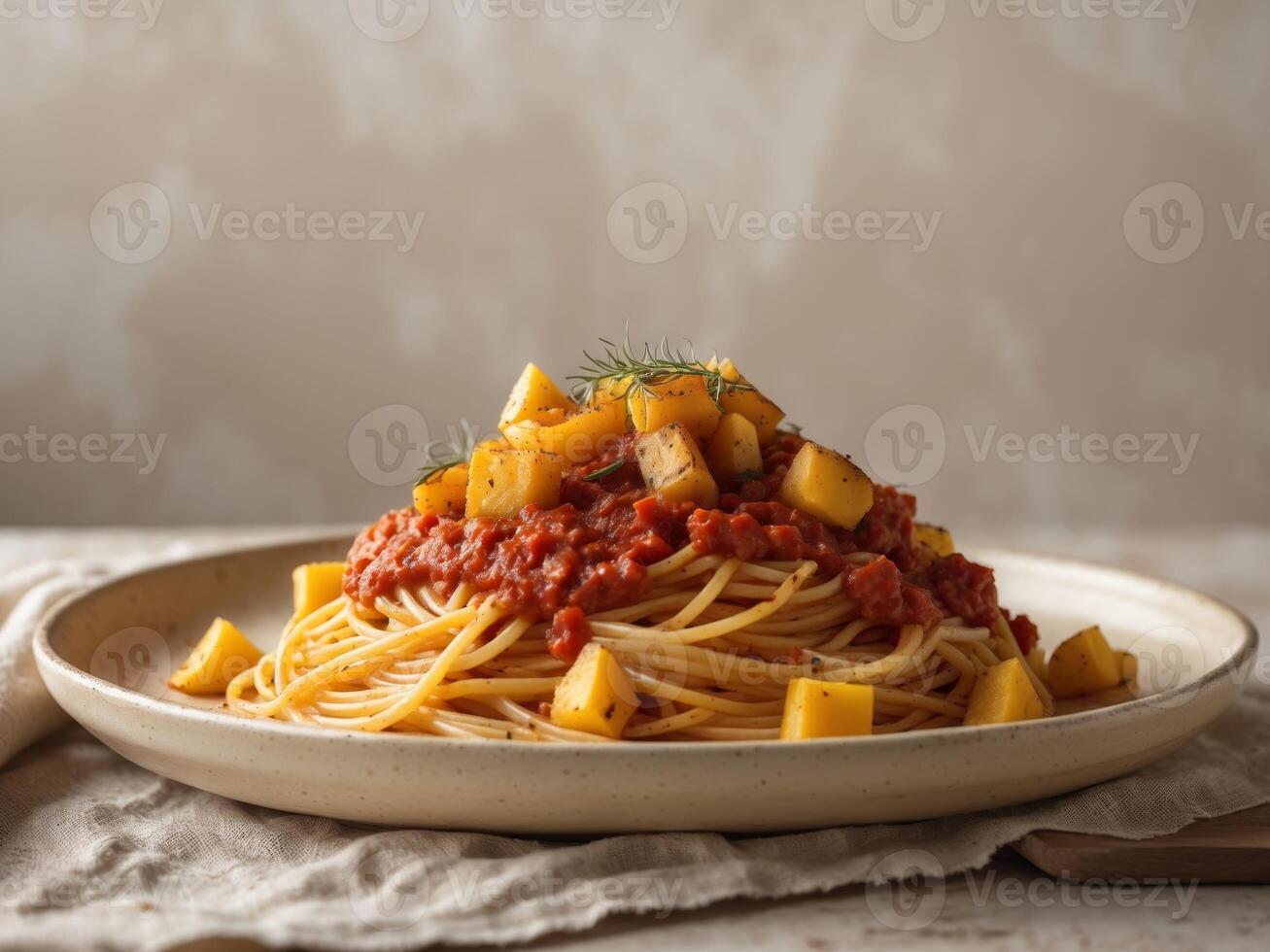 Delicious Spaghetti with Tomato Sauce and Diced Squash.Delicious Spaghetti with Tomato Sauce and Diced Squash. photo