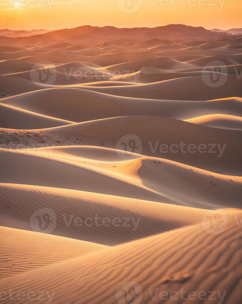 Majestic rolling sand dunes illuminated by a warm sunset glow in the desert landscapeMajestic rolling sand dunes illuminated by a warm sunset glow in the desert landscape. photo