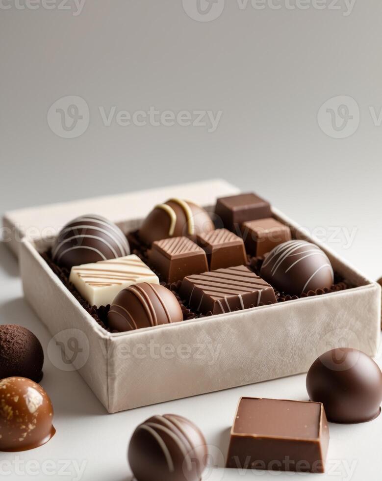 Assorted Gourmet Chocolate Truffles and Squares in Box. photo