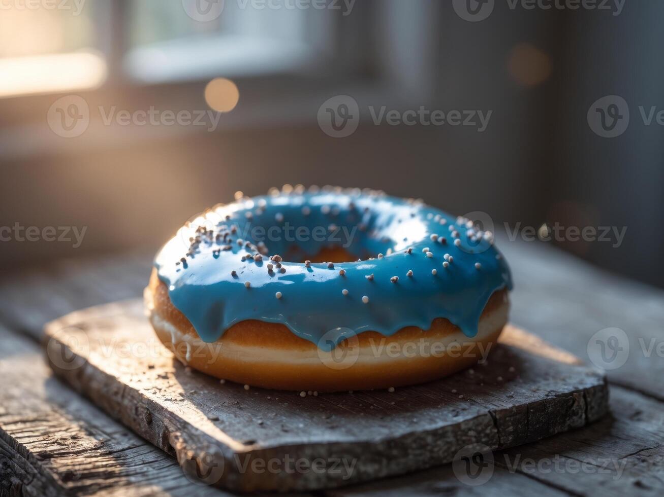 Sweet blueberry donut on a wooden board in natural light setting.Sweet blueberry donut on a wooden board in natural light setting. photo