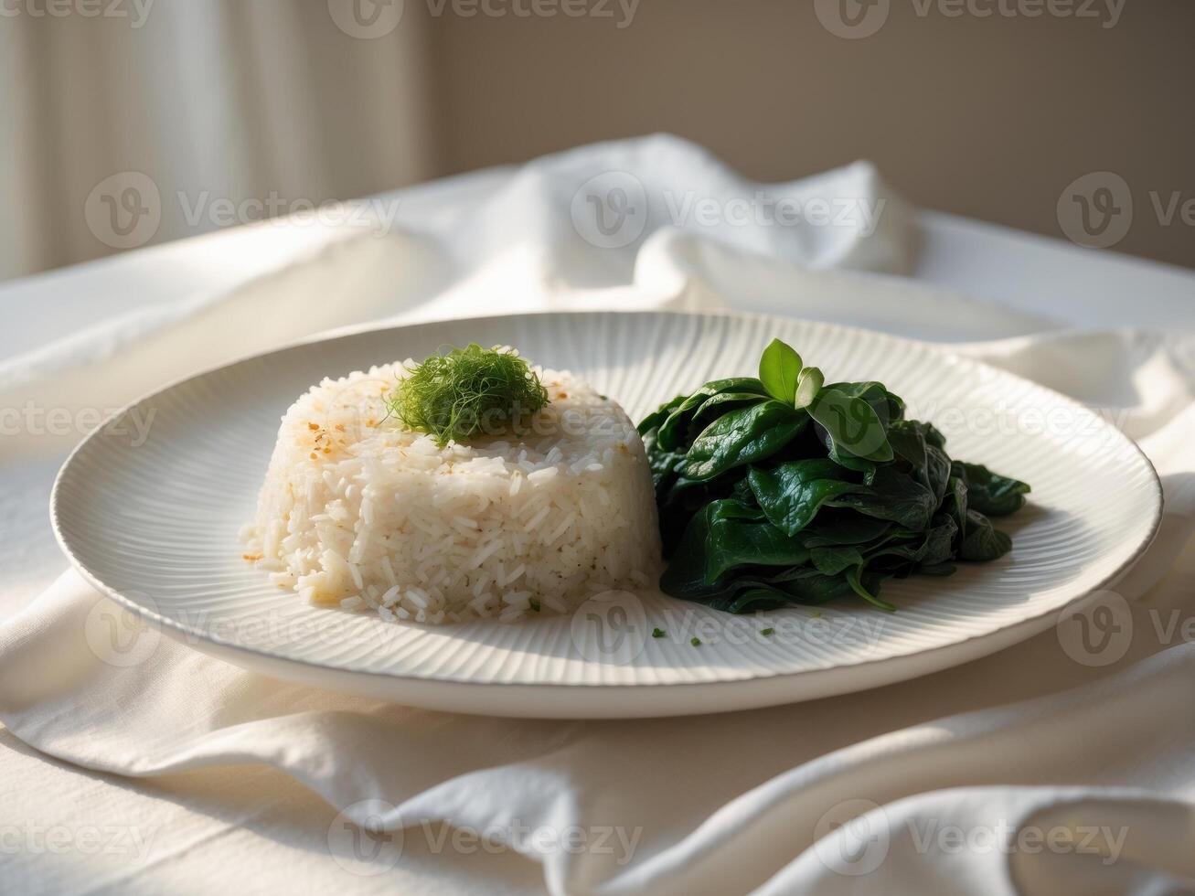Elegant Dining Setup with Fried Rice and Spinach.Elegant Dining Setup with Fried Rice and Spinach. photo