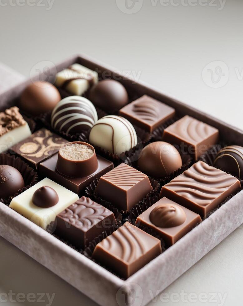 Assorted Gourmet Chocolate Truffles and Squares in Box.Assorted Gourmet Chocolate Truffles and Squares in Box. photo
