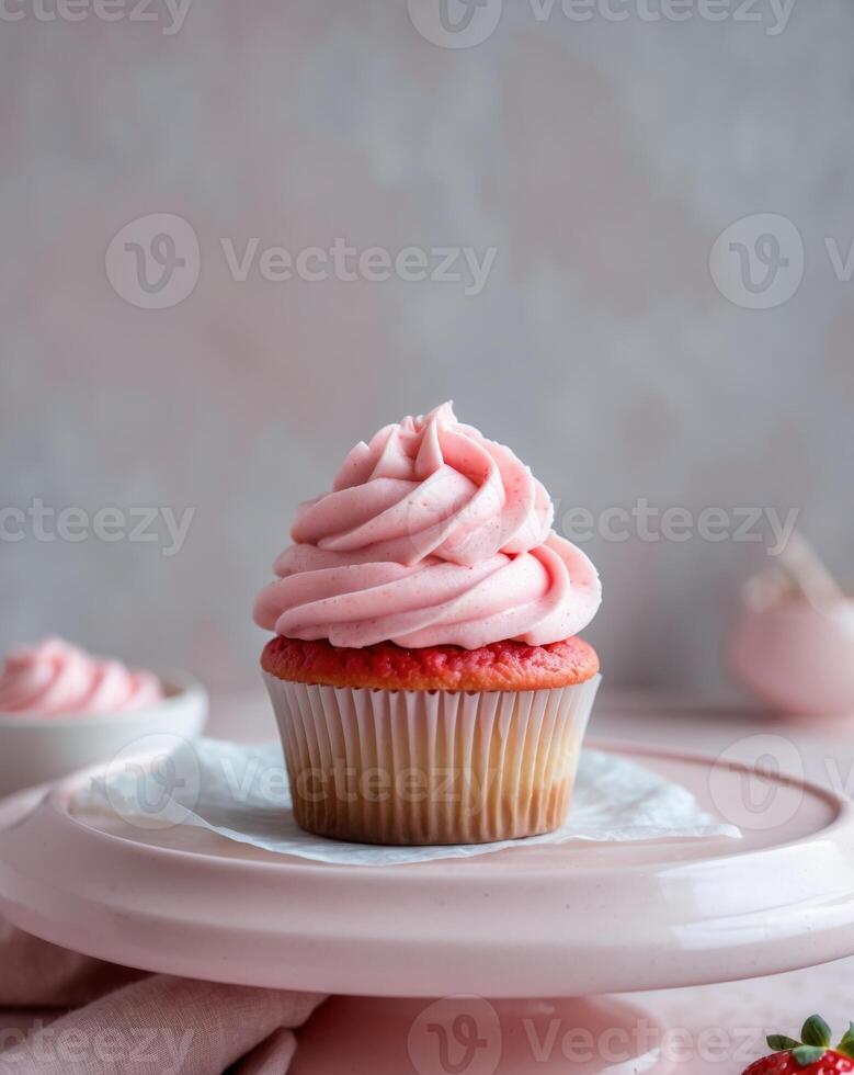 Delicious looking strawberry cupcake with creamy pink frosting displayed in a pastel setting. photo