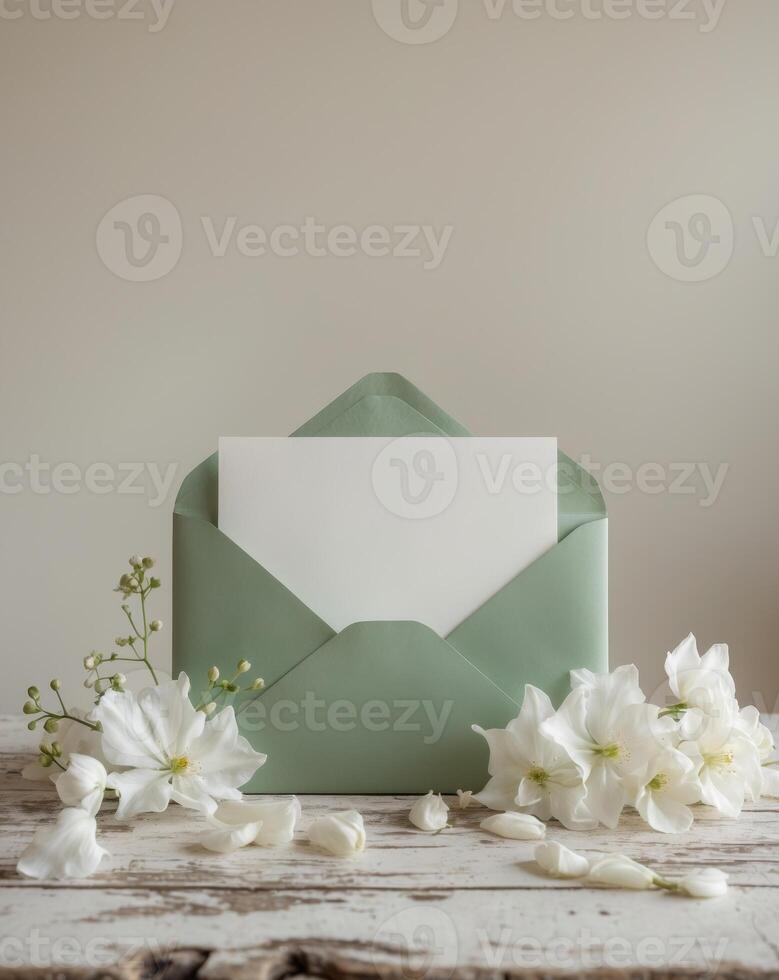 Elegant green envelope with blank card and flowers on wooden table. photo