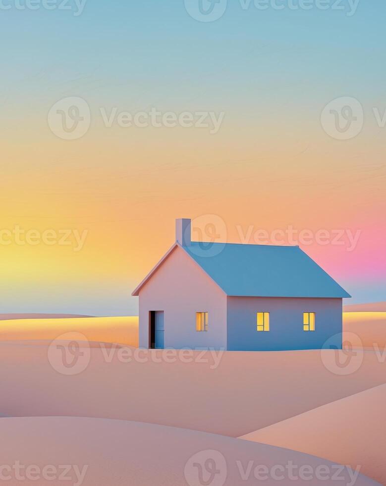 Serene Landscape with Simple House and Colorful Sunset Sky. photo