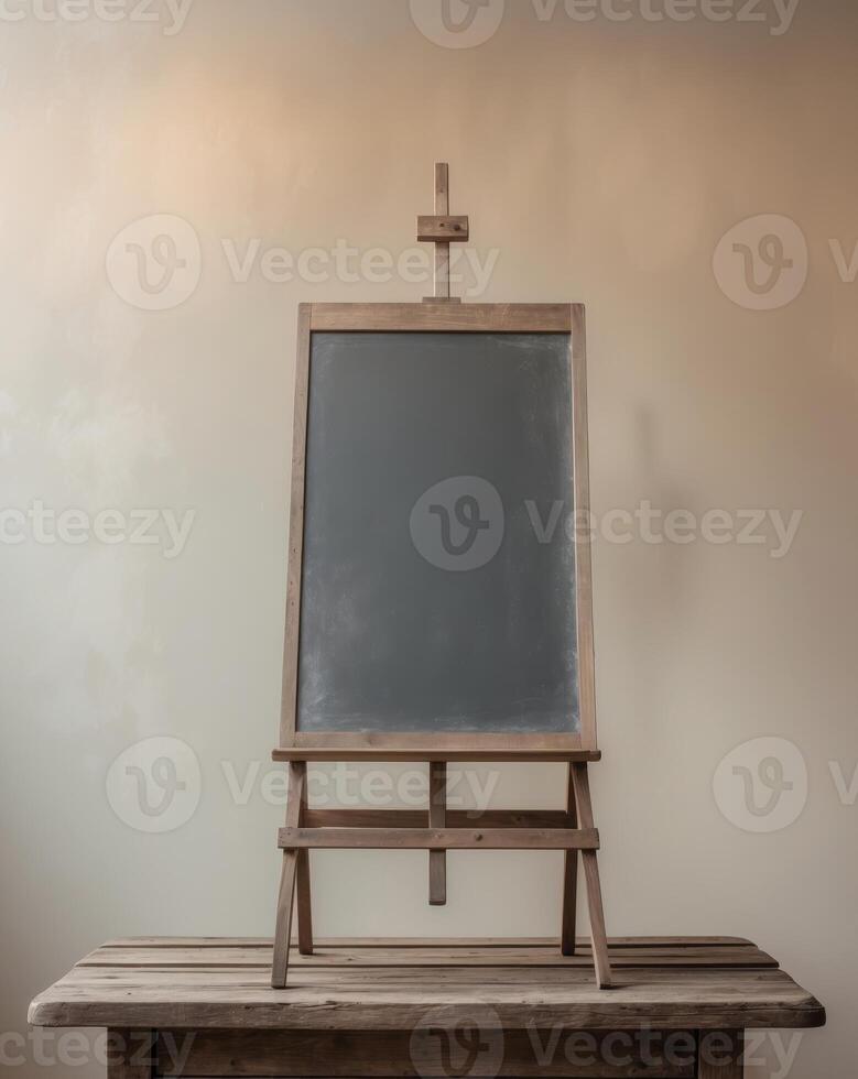 there is a blackboard on a wooden easel on a table photo